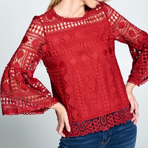 Last 1! NWT Red Lace Top with bell sleeves - Picture 2 of 5